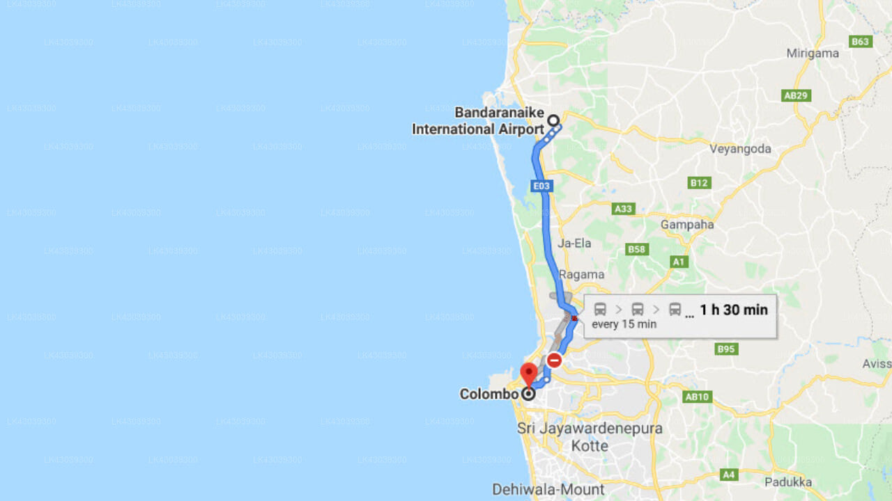 Transfer between Colombo (CMB) Airport and Global Towers Hotel, Colombo