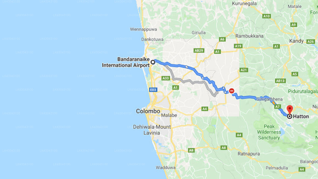 Transfer between Colombo (CMB) Airport and The Castlereagh Resort, Hatton