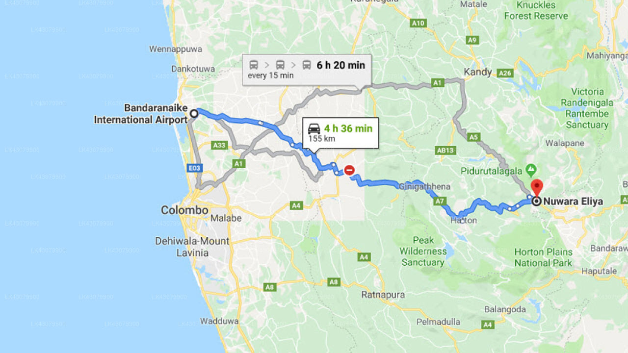 Transfer between Colombo Airport (CMB) and Hotel Sun Hill, Nuwara Eliya