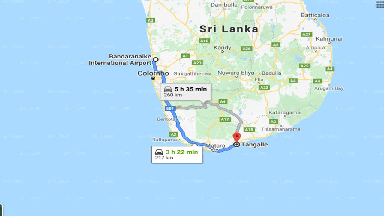 Transfer between Colombo Airport (CMB) and Patini Bungalows, Tangalle