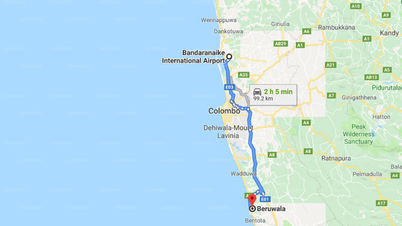 Transfer between Colombo Airport (CMB) and Villa La Luna, Beruwala