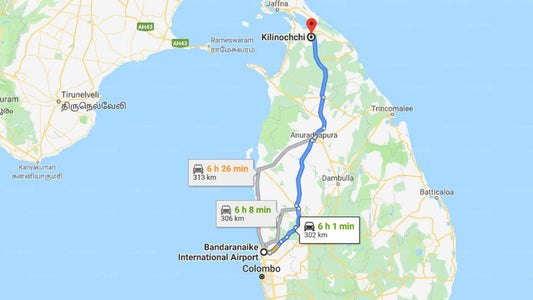 Transfer between Colombo Airport (CMB) and The Solaivanam Guest House, Kilinochchi