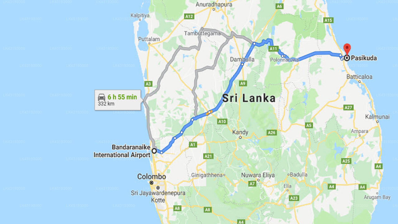 Transfer between Colombo Airport (CMB) and Anantaya Pasekudah, Pasikuda