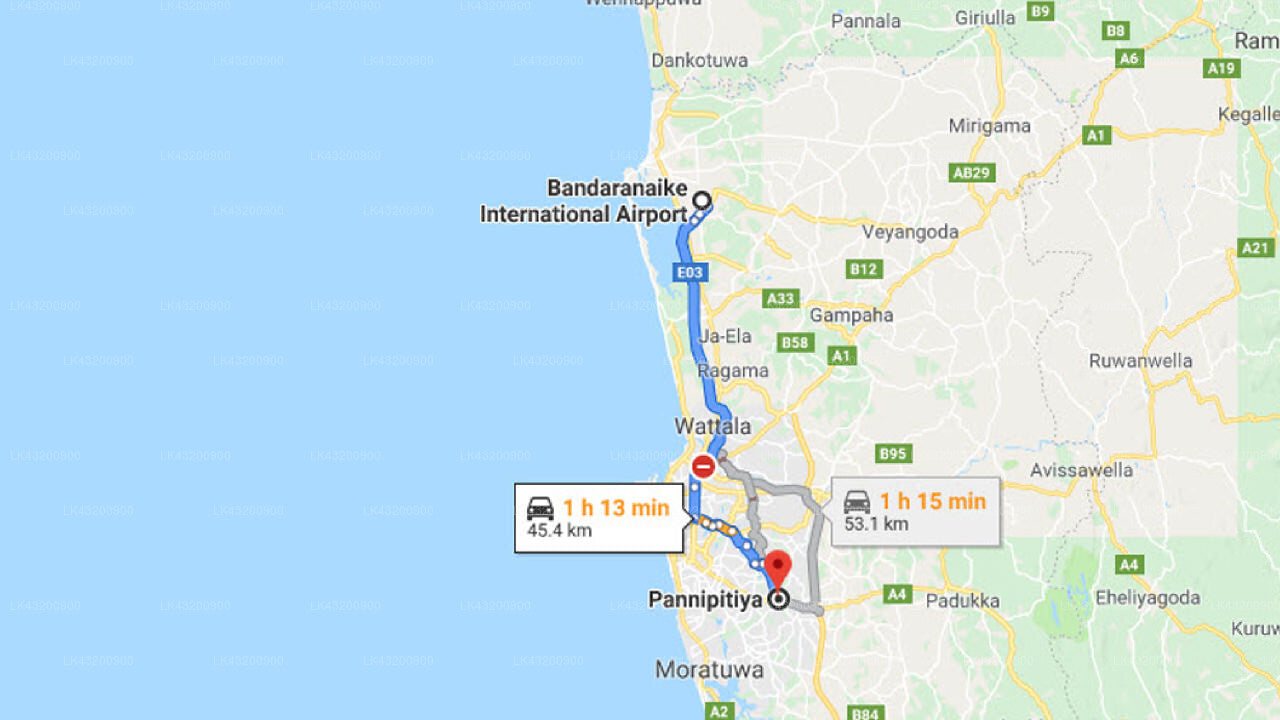 Transfer between Colombo Airport (CMB) and Pahan Lanka, Pannipitiya