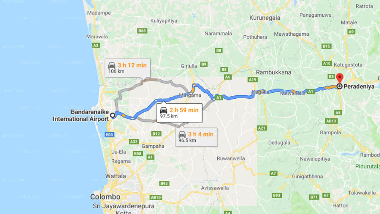 Transfer between Colombo Airport (CMB) and Galaha Tea Bungalow, Peradeniya